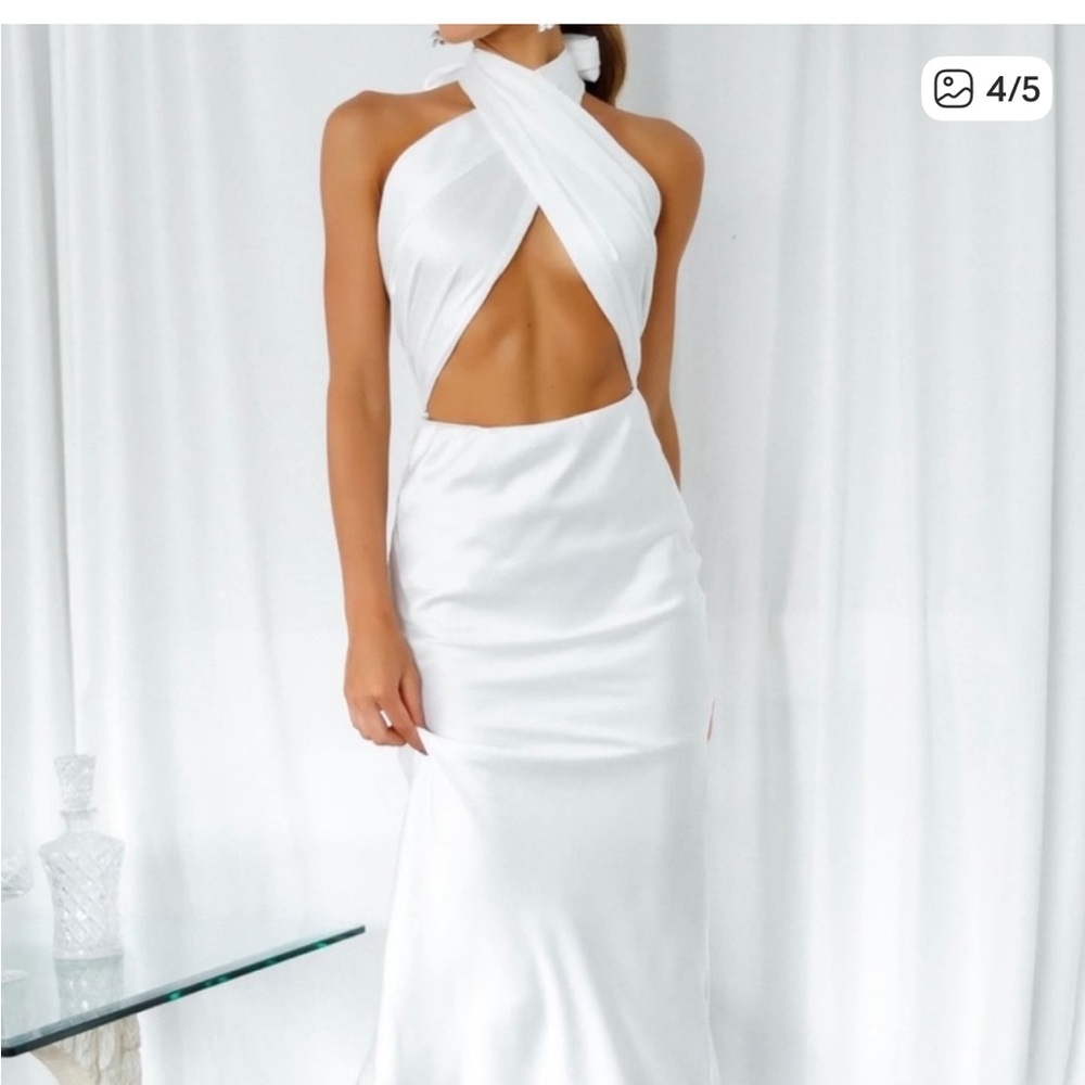 Hello Molly White Backless Cross Front Satin Maxi Dress
